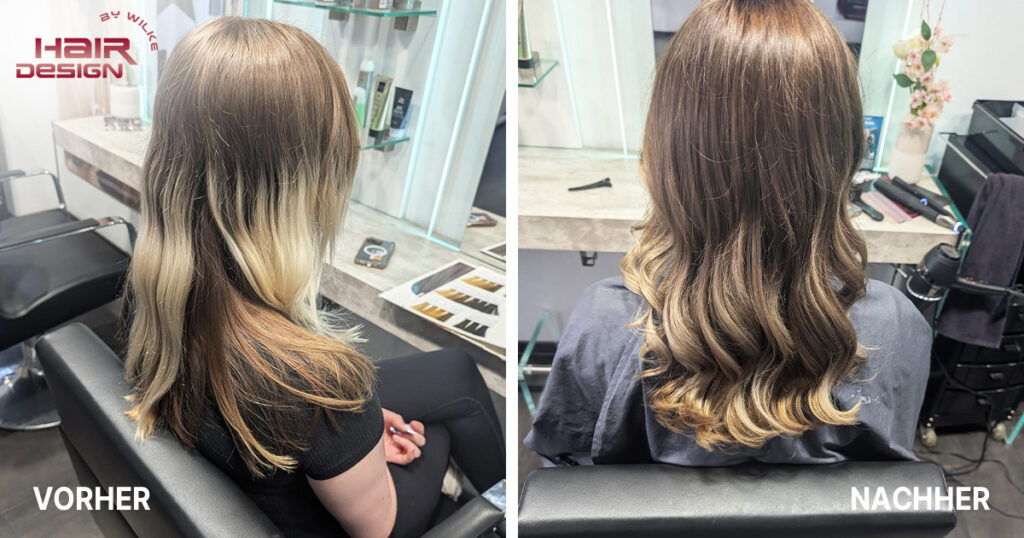 Salon Hair Design by Wilke - Friseursalon in Magdeburg - Professionelle Balayage-Korrektur mit kühlem Übergang: So gelingt der neue Look Ausgangssituation: Herausgewachsene Balayage mit starkem Kontrast. Unsere Kundin kam zu uns mit einer stark herausgewachsenen Balayage – das Naturhaar war sichtbar nachgewachsen, während die Längen ein starkes, helles Blond aufwiesen.
