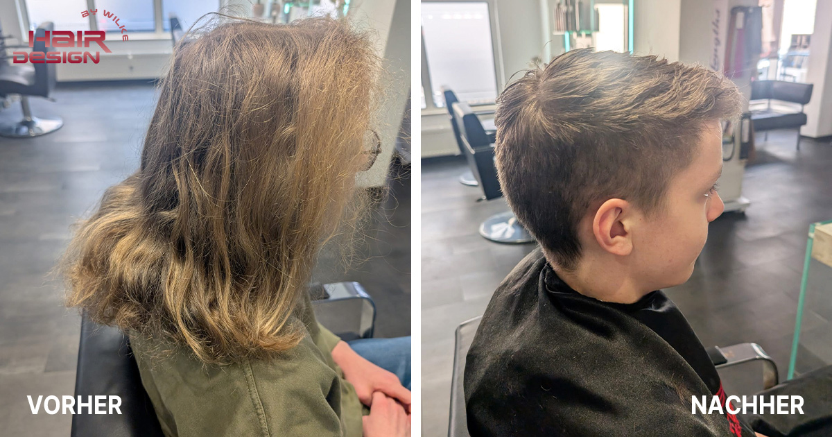 Salon Hair Design by Wilke - Friseursalon in Magdeburg - Frischer Kurzhaarschnitt für einen neuen Look, Ein neuer Haarschnitt kann wahre Wunder wirken – das zeigt dieser beeindruckende Vorher-Nachher-Vergleich eines jungen Kunden.